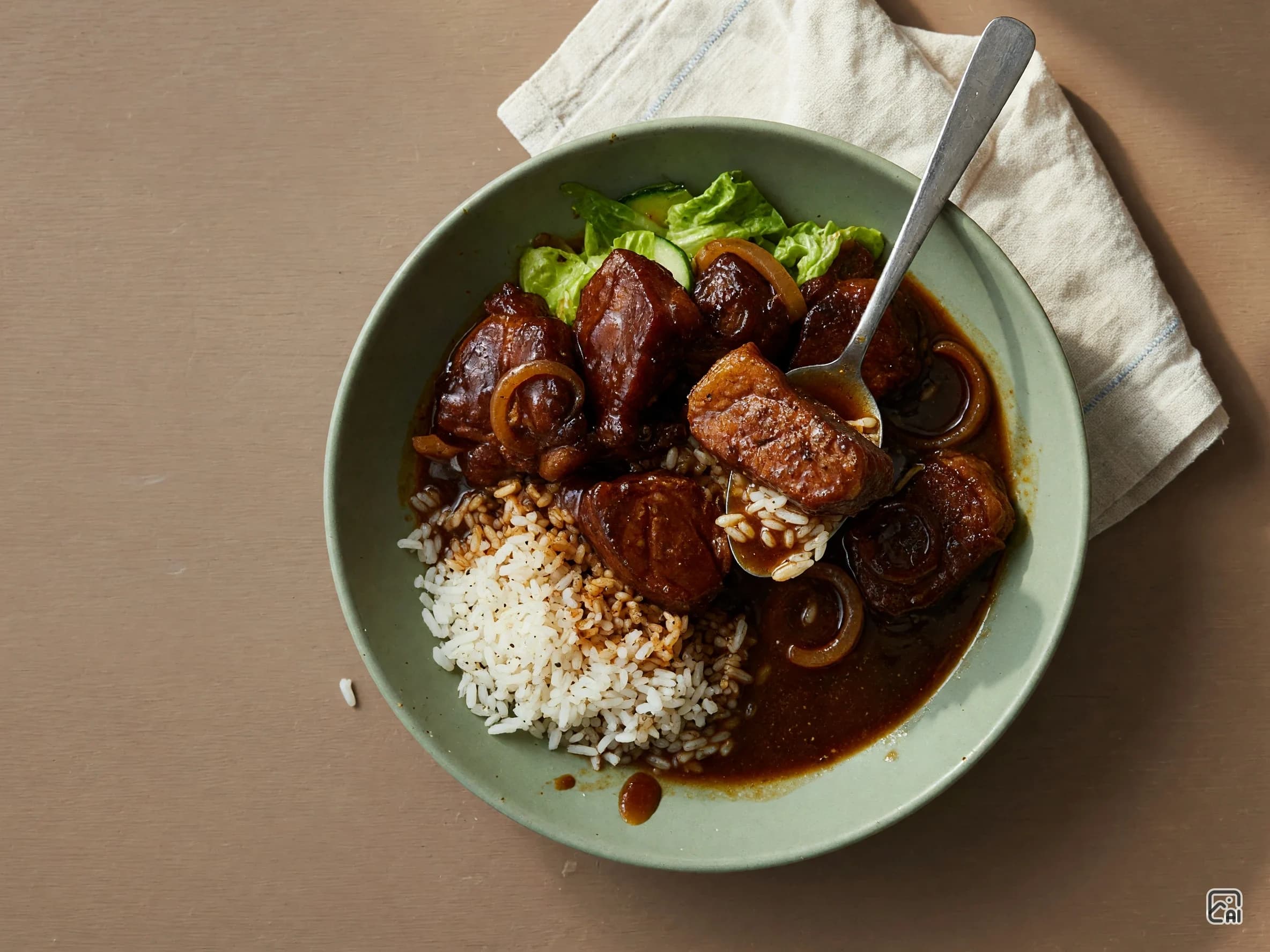 Braised Pork Carbonate with Rice and Salad