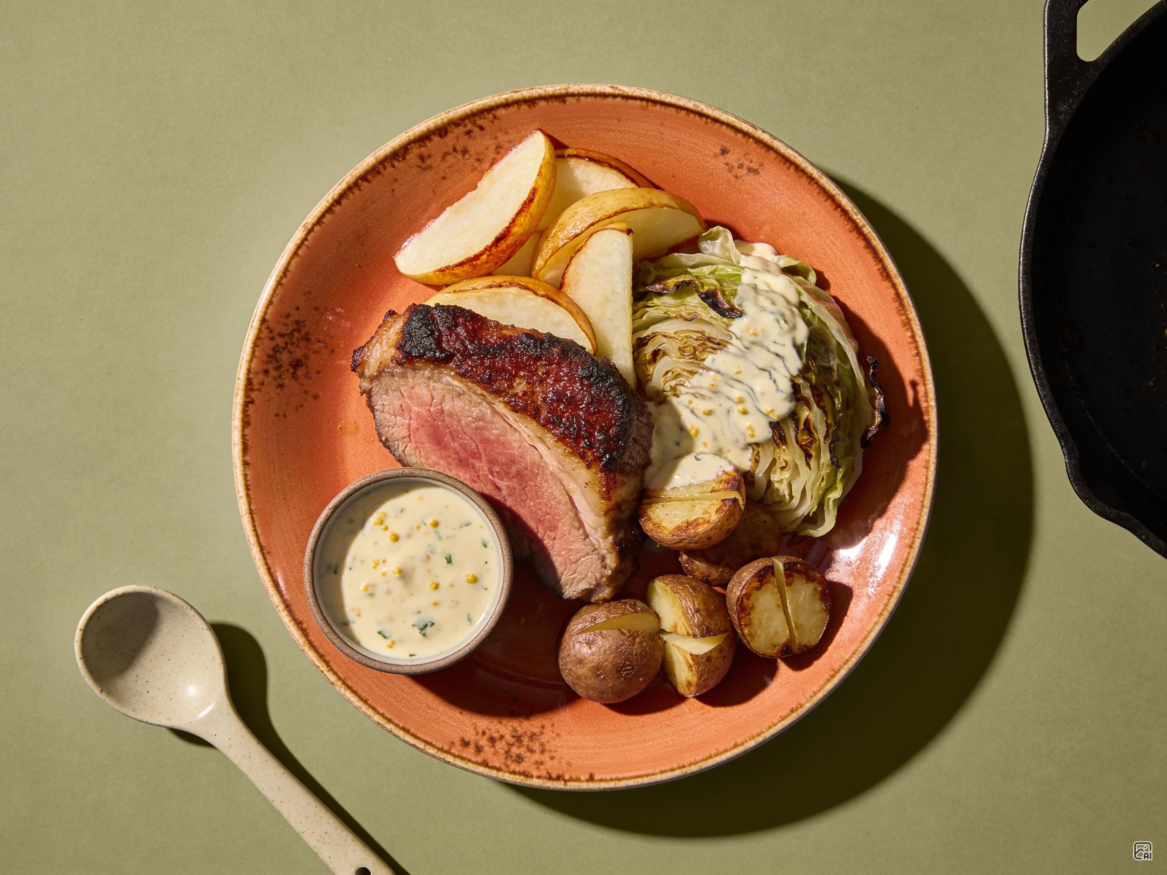 Air Fryer Reverse-Seared Pork Chops with Apples, Cabbage, Potatoes, and Mustard Sour Cream Sauce