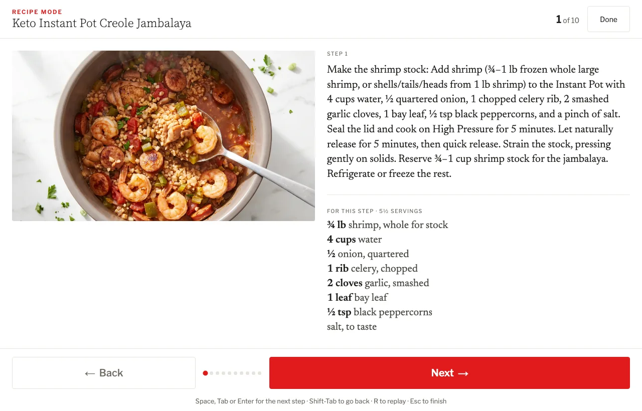 Recipe Mode showing step one of ten, with the dish photographed beside the step written in large type and the ingredients that step needs.